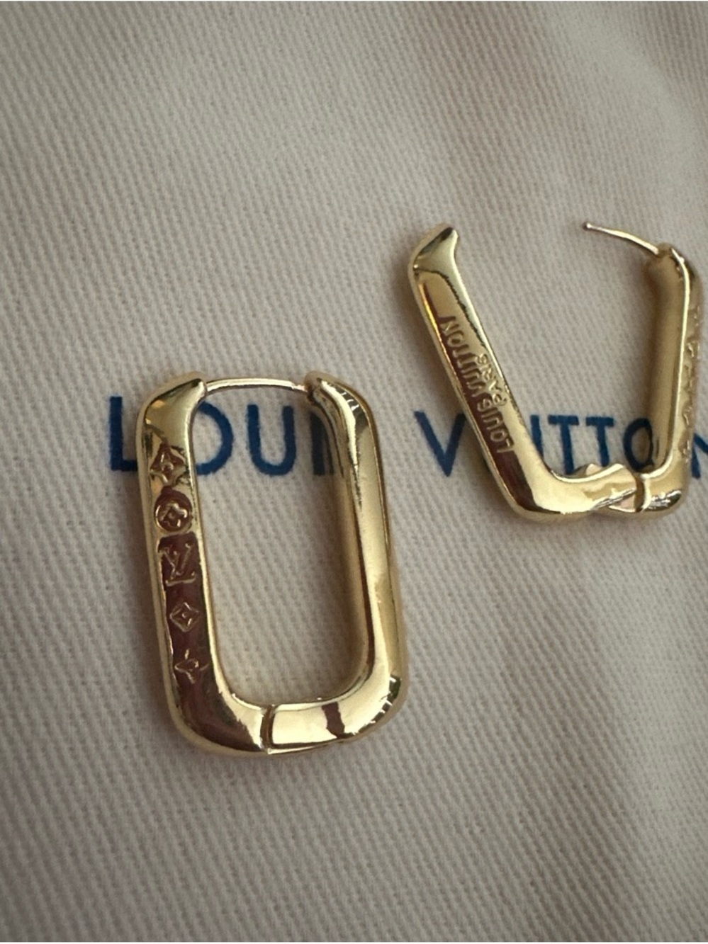 Louis Vuitton Shiny Gold Monogram Rectangular Hoop Earrings